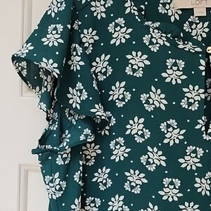 LOFT Forest Green Ruffled Blouse with Mandarin Collar NWOT!